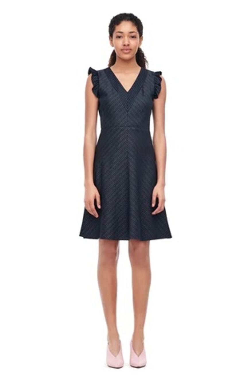 Rebecca Taylor Striped Suiting V-neck Navy Dress